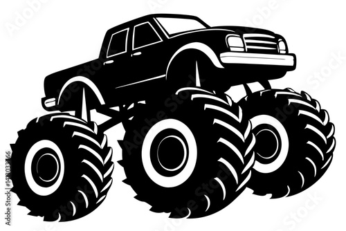 Black And White Graphic Silhouette Of A Monster Truck With Oversized Tires For Automotive And Offroad Enthusiasts, monster truck, truck, offroad, automotive, silhouette, black, white, monochrome