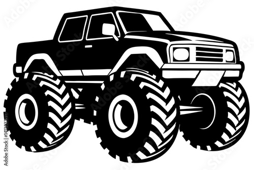 Black And White Monster Truck Graphic Vector Illustration Classic American Off Road Vehicle Design Giant Wheels And Bold Style, monster truck, truck, vehicle, car, automobile, transportation, offroad