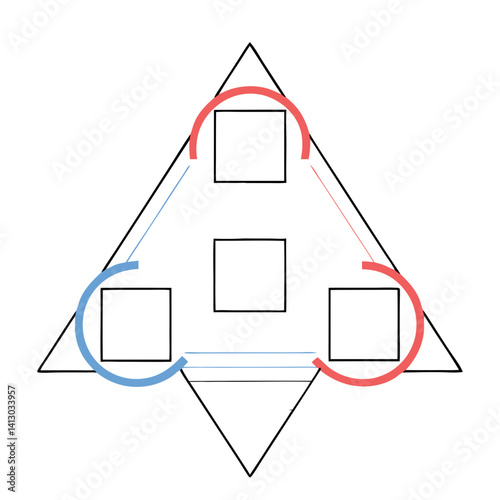 A balanced interplay of red and blue arcs gracefully encircling a central square within a triangular framework.