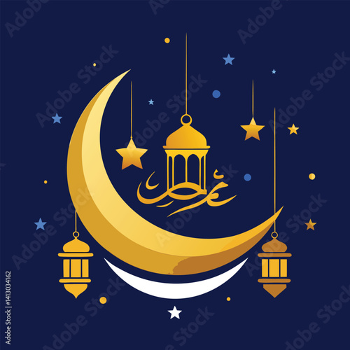 Golden Crescent Moon and Lantern with Stars - Ramadan Night Illustration
