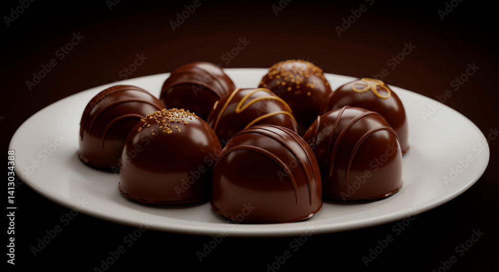 Fototapeta premium A tempting array of chocolate delicacies, decorated with decadent lines and sprinkles, on a white plate.