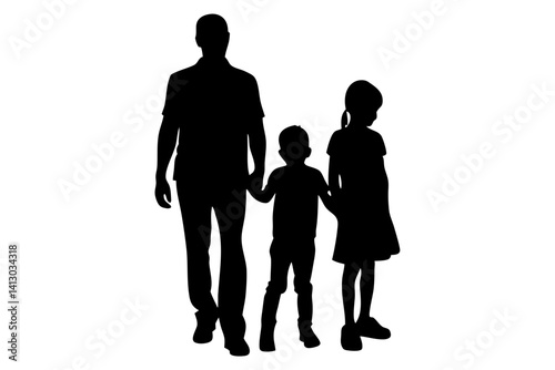 Silhouette Of Father Walking With Son And Daughter Holding Hands In Flat Design Style For Family Concepts And Vector Graphics, silhouette, family, father, son, daughter, parent, child, kid, walking