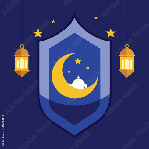 Golden Crescent Moon and Lantern with Stars - Ramadan Night Illustration