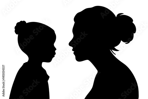 Silhouette Of Mother And Child Face To Face In Simple Black And White Design, silhouette, mother, child, family, love, motherhood, parent, parenting, girl, woman, face, profile, head, hairstyle, bun