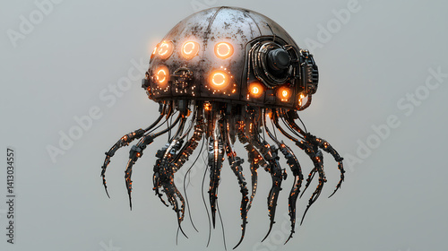 Mechanical Jellyfish Drone: A futuristic, bio-mechanical jellyfish drone with glowing lights and intricate metallic details floats against a neutral backdrop.