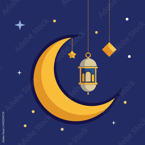 Golden Crescent Moon and Lantern with Stars - Ramadan Night Illustration
