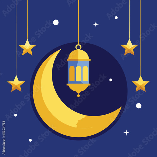 Golden Crescent Moon and Lantern with Stars - Ramadan Night Illustration