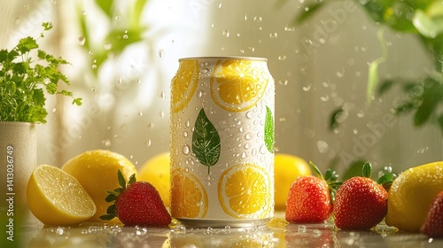 Refreshing lemon soda can, water droplets, fruits, sunlit kitchen