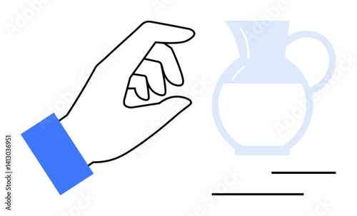 Hand with blue sleeve gesturing towards translucent pitcher in simple outlines. Ideal for concepts of choice, selection, interaction, hospitality, serving, minimalism, precision. Flat simple metaphor