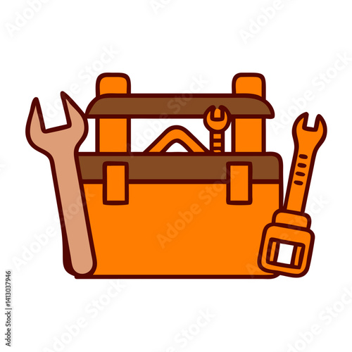 Orange toolbox with various tools including wrenches and screwdriver, symbolizing craftsmanship and repair