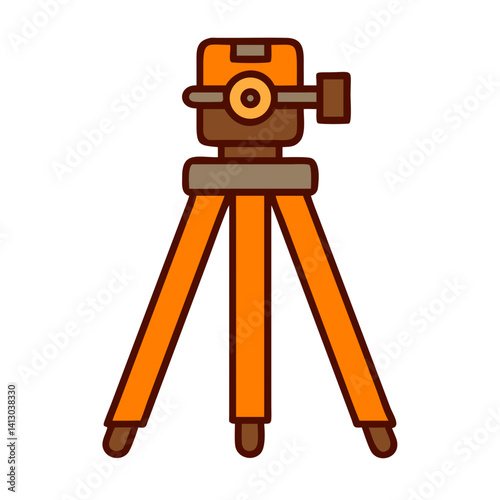 Surveying tripod in a minimalist illustration style with orange legs and a brown top, construction tool for precision measurement
