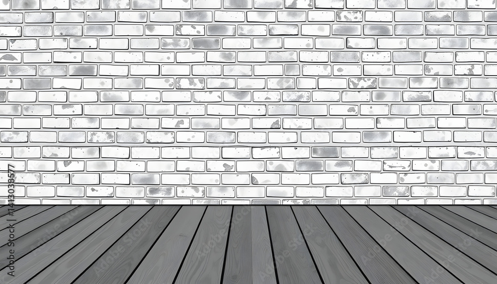 Fototapeta premium Blank brick wall and wooden floor, one line art. with white shades