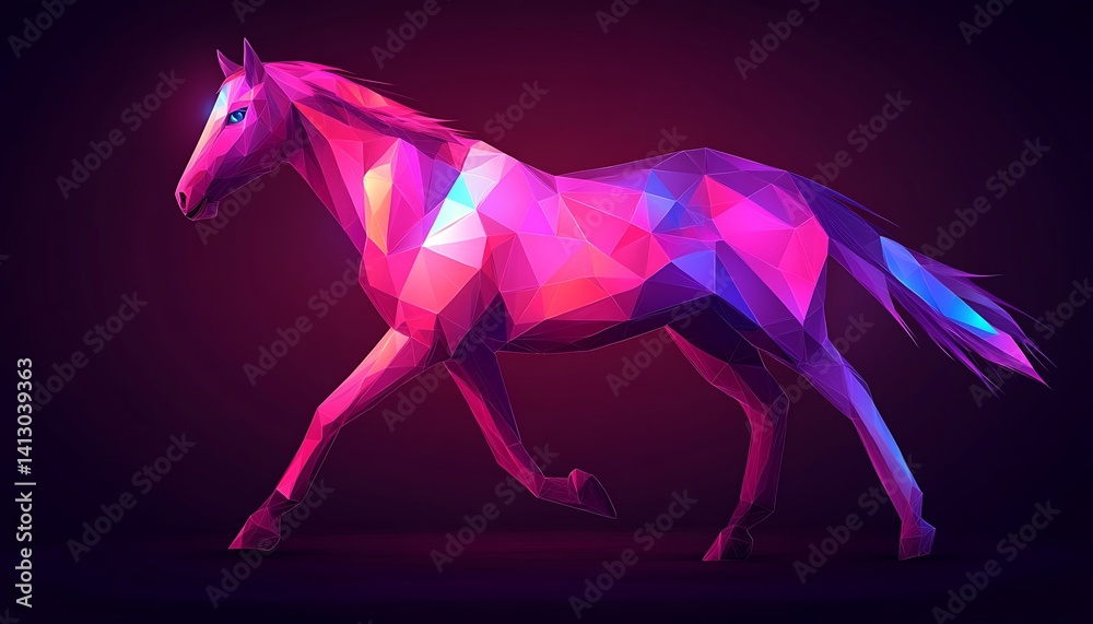 Obraz premium Low Polygon Design of a Galloping Horse Creating a Neon Glow Art Piece With Intense Colors