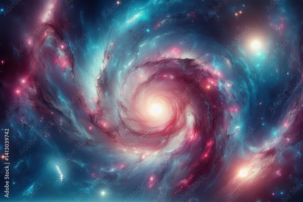 Fototapeta premium Swirling galaxy with vibrant colors in the cosmos showcasing its radiant core and luminous arms