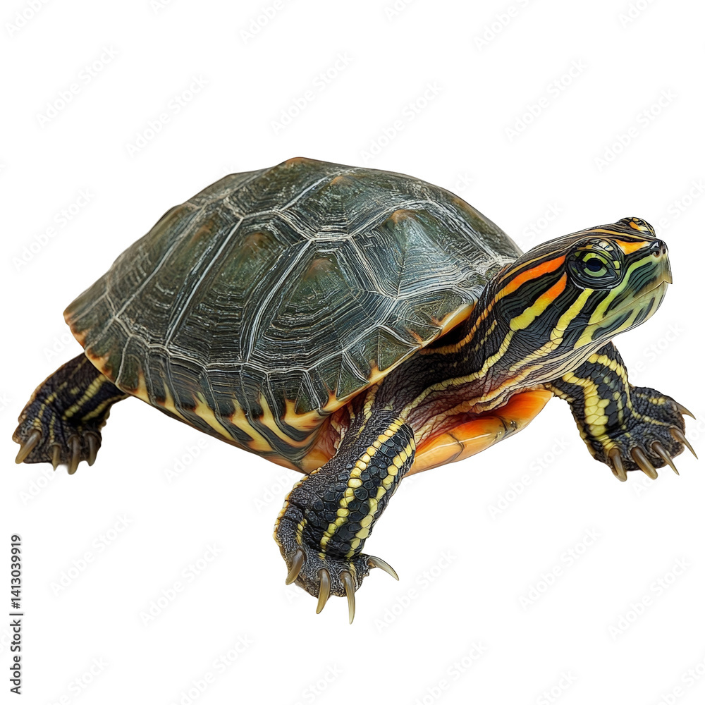 Obraz premium Detailed Close-Up of a Colorful Turtle with Vibrant Patterns and Textures on white background