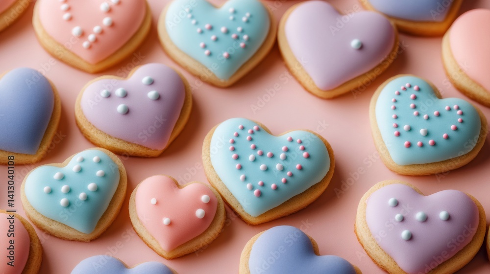 Heart shaped cookies covered in pastel colored icing arranged on pink background Heart shaped cookies covered in pastel colored icing arranged on pink background