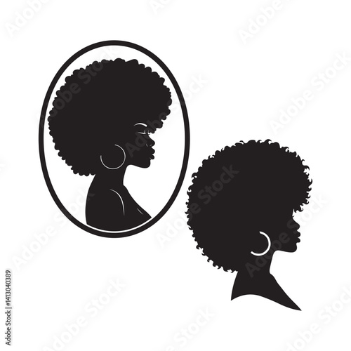 cameo woman with afro black silhouette vector set flat design illustrations