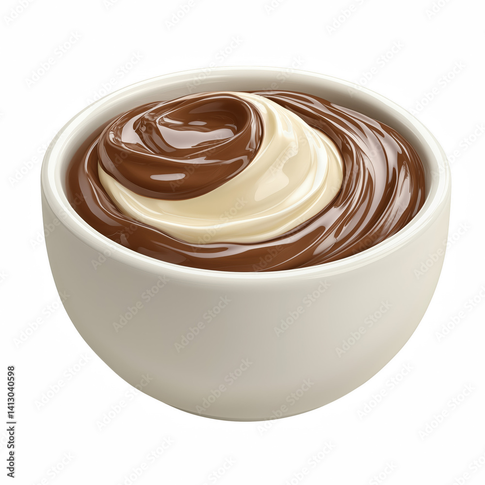 Swirled chocolate and vanilla pudding in white bowl isolated on transparent background. Swirled chocolate and vanilla pudding in white bowl isolated on transparent background.
