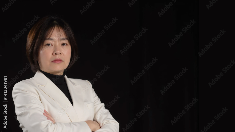Closeup of stern looking asian business woman in a white suit on black background. Closeup of stern looking asian business woman in a white suit on black background.