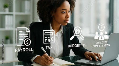 Businesswoman analyzing payroll and budgeting with focus on employee compensation.