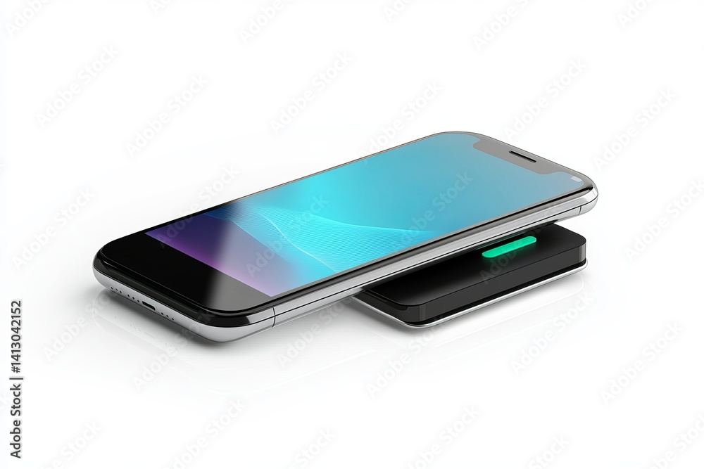 A smartphone resting on a wireless charger with a glowing green light indicator on a white surface A smartphone resting on a wireless charger with a glowing green light indicator on a white surface