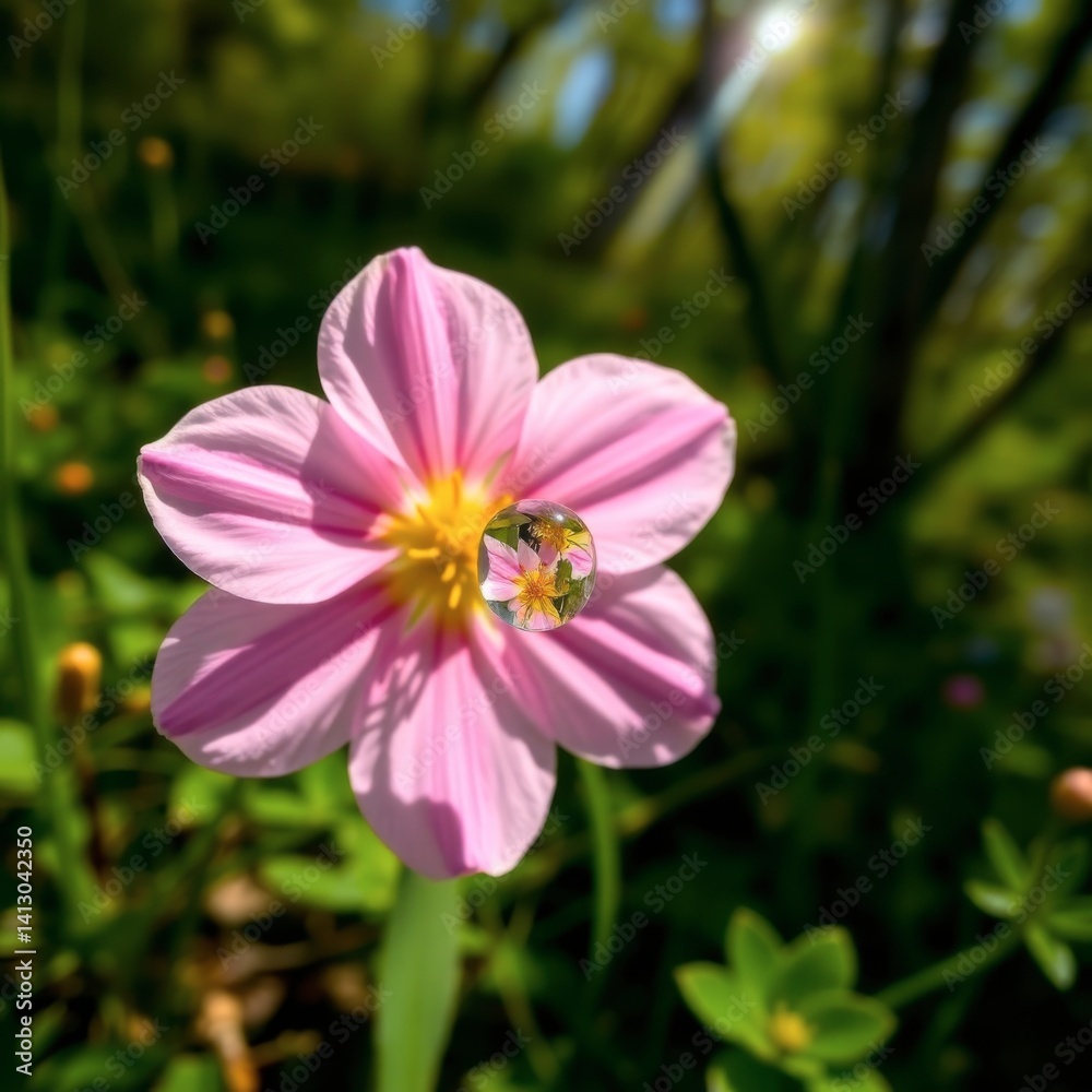 Fototapeta premium Pink Flower Dewdrop: A Sunlit Macro Bloom
