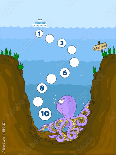 Kids game mathematic. Cute octopus at the bottom of the ocean. Children education. Logic lessons. Preschool exercise.