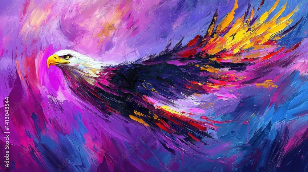 Fototapeta premium A powerful eagle is depicted soaring gracefully amidst a vivid and colorful abstract sky. The dynamic brush strokes create an energetic and uplifting atmosphere