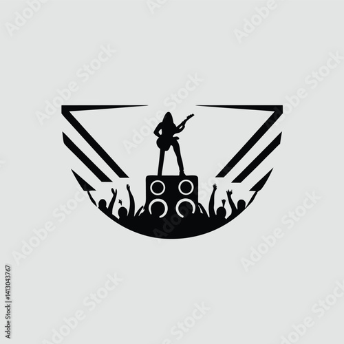 Silhouette of Guitarist Performing on Stage with Cheering Crowd