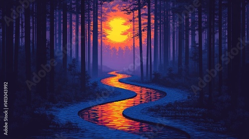 Serene sunset over a winding river, reflecting vibrant colors amidst a tranquil forest