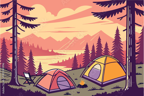 50 Colorful camping scene, sunset landscape, vibrant sky, pine forest, mountain silhouette, two colorful tents, campfire, camping chairs, serene lake, stylized illustration, warm colors, cartoon style