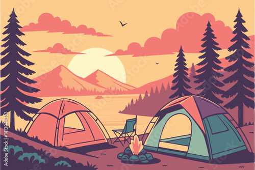 50 Colorful camping scene, sunset landscape, vibrant sky, pine forest, mountain silhouette, two colorful tents, campfire, camping chairs, serene lake, stylized illustration, warm colors, cartoon style