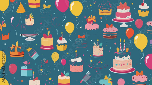 Fun hand drawn party seamless background with cakes, gift boxes, balloons and party decoration. Great for birthday parties, textiles, banners, wallpapers, wrapping - vector design