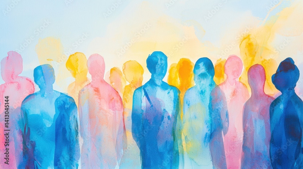 Obraz premium A diverse group of individuals stands together against a backdrop of soft pastel colors reflecting a sunset, creating a lively and artistic atmosphere