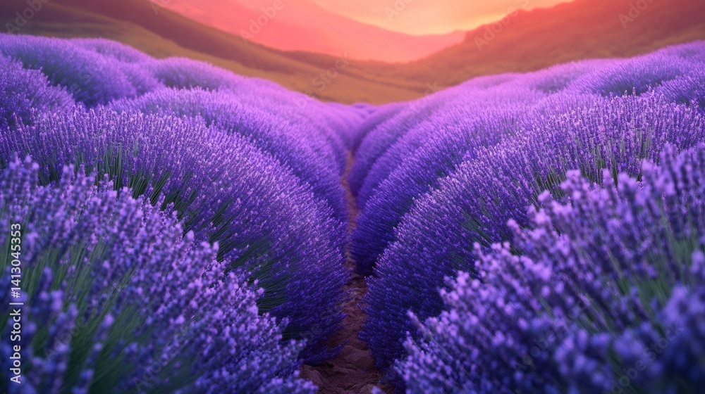 Fototapeta premium Blooming lavender field creating violet stripes at sunset