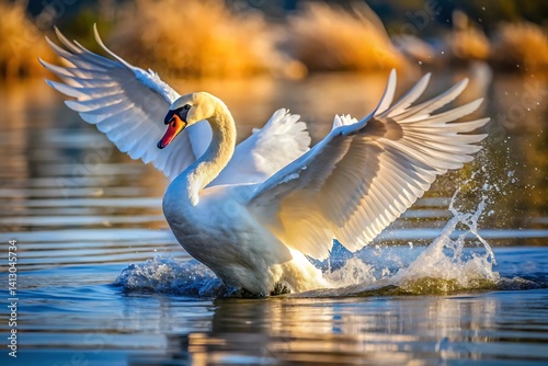 Fototapeta Naklejka Na Ścianę i Meble -  lake, sunset, reflection,, A white swan with its wings spread wide landing in the water creating a splash of water droplets