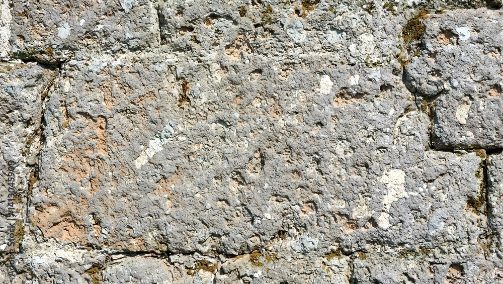 Naklejka premium Detailed close up of weathered stone with moss capturing the essence of ancient history and resilience