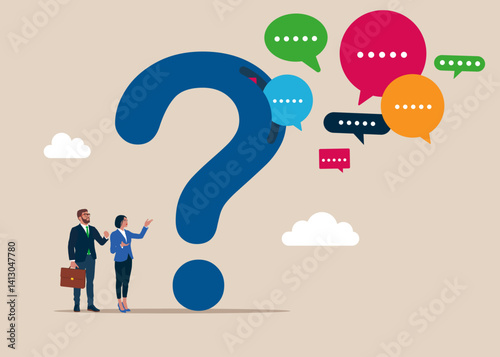 From the question mark fly out many speech bubbles. Lot of questions.  FAQ concept. Flat vector illustration.