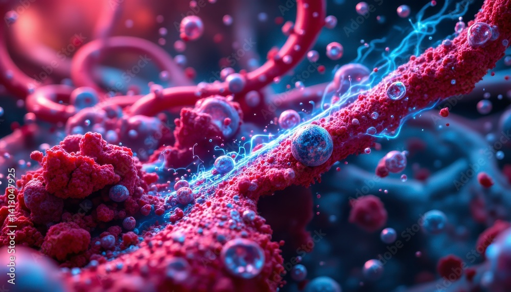 Obraz premium Dynamic microscopic exploration of cellular structures laboratory digital art abstract close-up science innovation