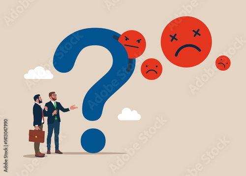 From the question mark fly out many wicked face emojis. Burnout from tiring work or demotivation from failure, stress. Modern vector illustration in flat style.