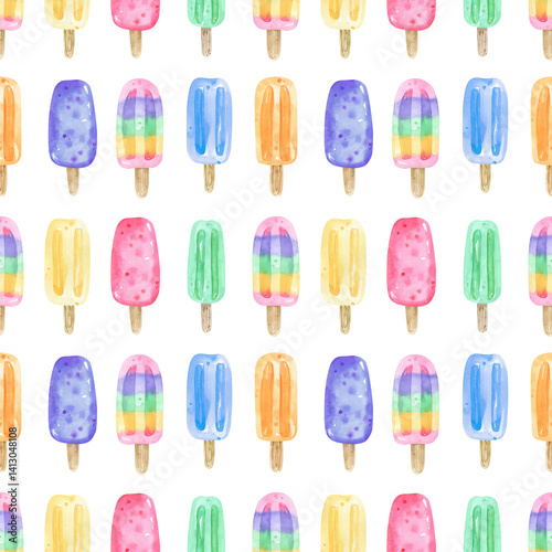 Watercolor seamless pattern colorful popsicles, ice cream background. Including rainbow. Perfect for summer-themed designs, textiles, wrapping paper, digital paper