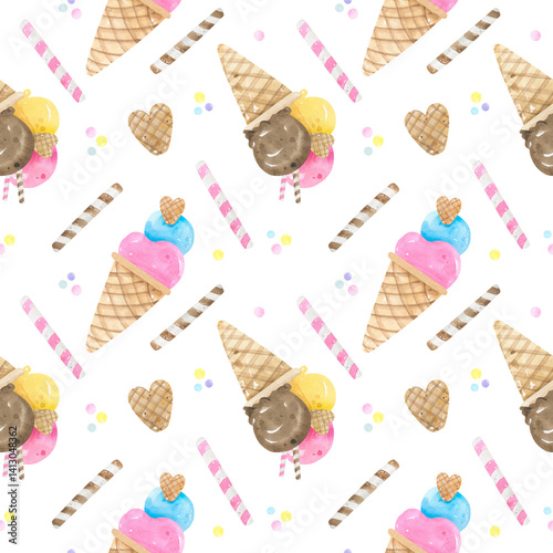 Watercolor seamless pattern colorful ice cream cones, candy sticks, and pastel sprinkles background. Fruit ice, waffle cone. Perfect for summer-themed designs, textiles, wrapping paper, digital paper