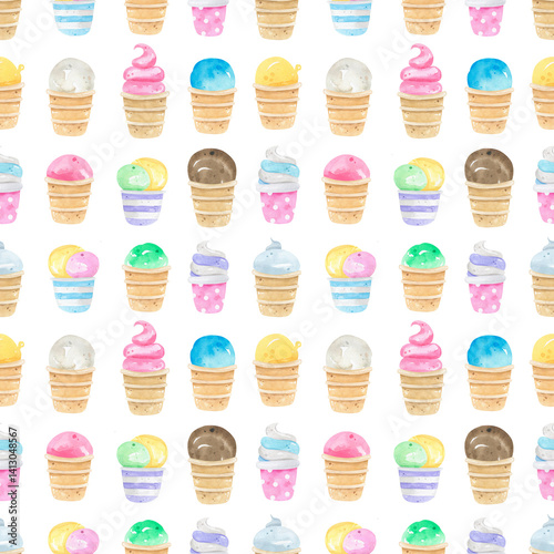 Watercolor seamless pattern colorful ice cream scoops in waffle cones background. Fruit ice, ice cream cup, waffle cone. Perfect for summer-themed designs, textiles, wrapping paper, digital paper