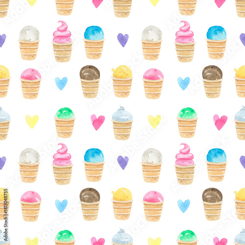 Watercolor seamless pattern colorful ice cream scoops in waffle cones background. Fruit ice, ice cream cup, waffle cone. Perfect for summer-themed designs, textiles, wrapping paper, digital paper