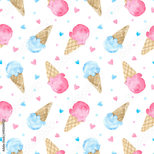 Watercolor seamless pattern ice cream cones, hearts, candy, pastel sprinkles background. Ice cream blue, Ice cream pink. Perfect for summer-themed designs, textiles, wrapping paper, digital paper