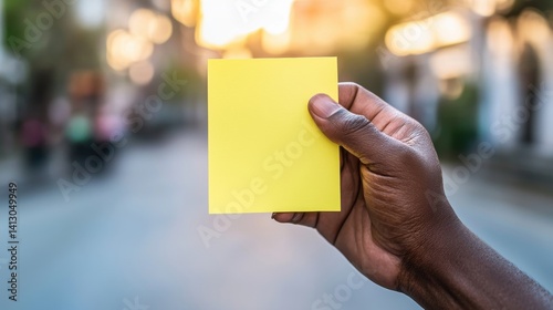 Blank yellow sticky note held aloft by a hand.