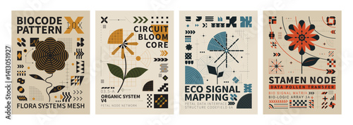 Mid Century Modern Botanical Posters: A set of four unique mid-century modern style botanical posters featuring stylized flower illustrations with geometric patterns and text elements.
