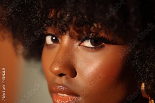 Close-up black woman with afro for fashion skincare cosmetic beauty portrait  
