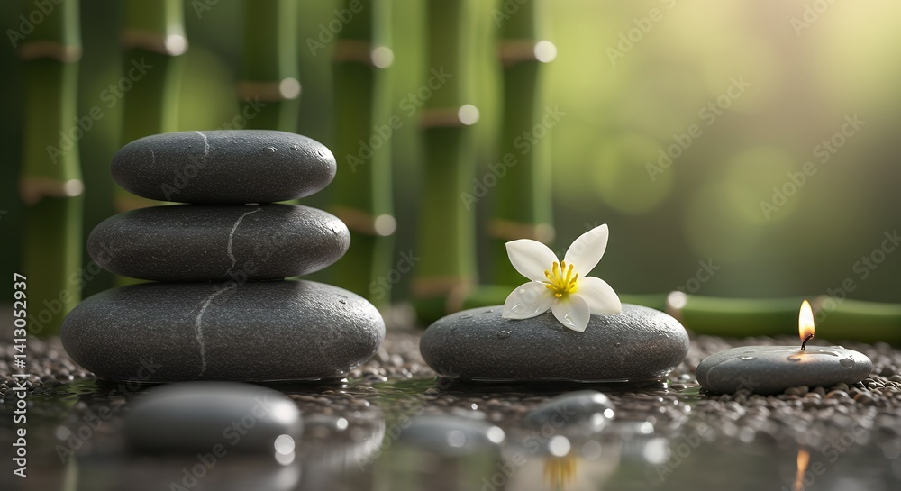 Obraz premium Serene Stacked Stones: Zen Garden with Bamboo and Blooming Flower