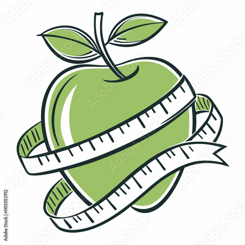 Green Apple with Measuring Tape in a Healthy Lifestyle Concept  